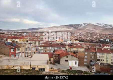 Nigde city panorama from Nigde Castle in Central Anatolia, Turkey. Niğde is a city and the capital of Niğde Province in the Central Anatolia. Stock Photo