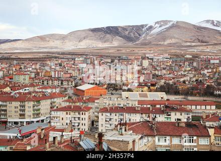 Nigde city panorama from Nigde Castle in Central Anatolia, Turkey. Niğde is a city and the capital of Niğde Province in the Central Anatolia. Stock Photo