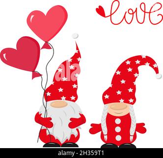 Postcard template with two little gnomes and balloons. Festive illustration for St. Valentines Day. Vector illustration. Stock Vector