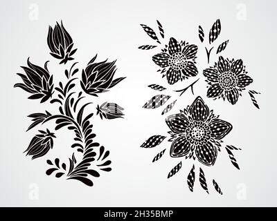Vector set of black silhouettes hand drawn flowers, branches and leaves. Stock Vector