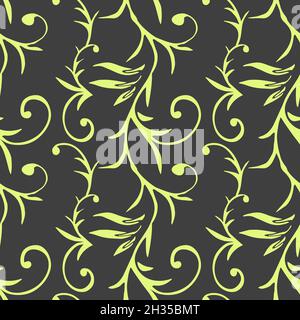 Seamless pattern with hand drawn floral elements. In gray and light green colors. Stock Vector