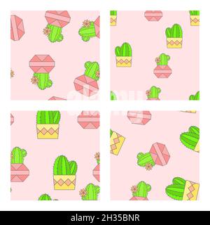 Vector set of four seamless patterns with cacti in flower pots. Flat style color collection. Stock Vector