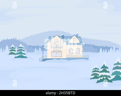 Vector illustration of suburban family house with mansard and firs against the winter landscape background and hills. Stock Vector