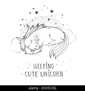 Vector illustration of hand drawn cute sleeping unicorn with magic wand, rainbow and text - SLEEPIG CUTE UNICORN on withe background. Cartoon style. M Stock Vector