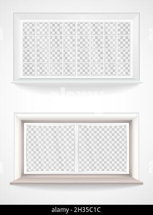 Vector set of wooden and plastic windows in realistic style, jalousie and transparent glass. Stock Vector