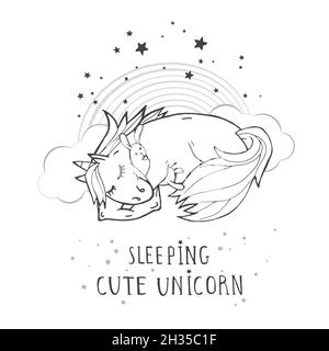 Vector illustration of hand drawn cute sleeping unicorn with toy rabbit, rainbow and text - SLEEPIG CUTE UNICORN on withe background. Cartoon style. M Stock Vector