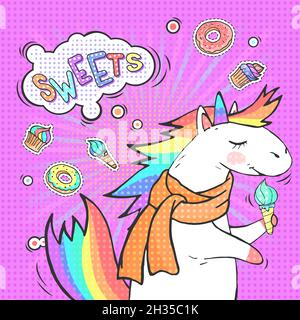 Pop art background with cartoon unicorn and speech bubble with text SWEETS! Comic book retro style imitation. Vector bright illustration. Stock Vector