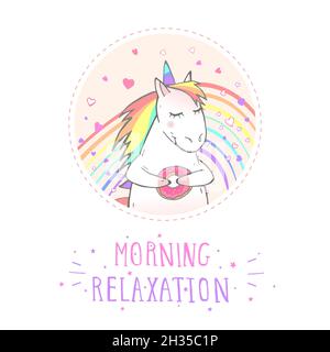 Vector sticker or icon with hand drawn cute unicorn, donut and text – UNICORN on withe background. For your design. Cartoon style. Colored. Stock Vector