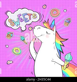 Pop art background with cartoon unicorn and speech bubble with text SWEETS! Comic book retro style imitation. Vector bright illustration. Stock Vector