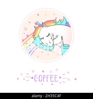 Vector sticker or icon with hand drawn sleeping unicorn and text - COFFEE on withe background. For your design. Cartoon style. Colored. Stock Vector