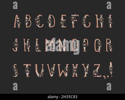 Vector hand drawn floral alphabet in grunge style with flower. Decorative monograms collection. Capital letters. Gold elements. Stock Vector