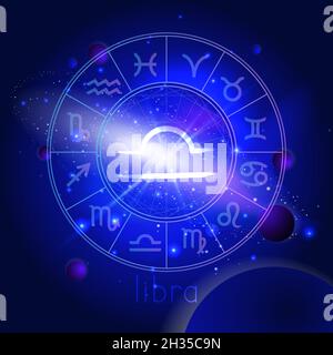 Vector illustration of sign LIBRA with Horoscope circle against the space background with planets and stars. Sacred symbols in blue colors. Stock Vector