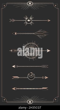 Vector set of decorative gold arrows on a black background with frame. Stock Vector
