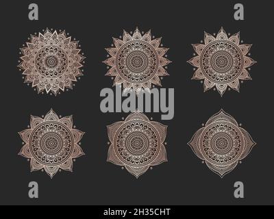 Vector set of Mandalas on black background. Ethnic oriental patterns collection. Gold image. For you design, textiles, posters, tattoo or magic craft. Stock Vector