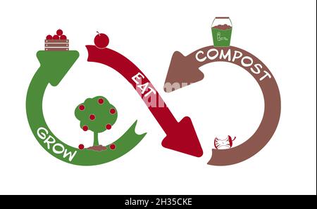 Sustainable food circular economy, grow, eat, compost, infinity arrow, stop food waste concept Stock Photo