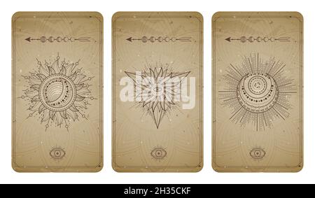 Vector set of three vintage backgrounds with geometric symbols and frames. Abstract geometric symbols and sacred mystic signs drawn in lines. In sepia Stock Vector