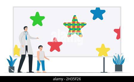 Psychologist shows positive thinking to the boy in difference. Autistic people have special something. Vector illlustration for World Austism Awarenes Stock Vector