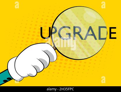Upgrade text under magnifying glass, upgrading software program concept illustration on yellow background. Stock Vector