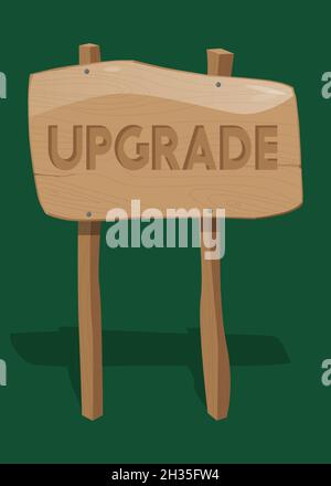Upgrade text, upgrading software program concept on Wooden sign. Cartoon vector illustration. Stock Vector