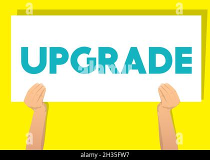 Hand holding banner with Upgrade text, upgrading software program concept on white paper. Man showing billboard. Stock Vector
