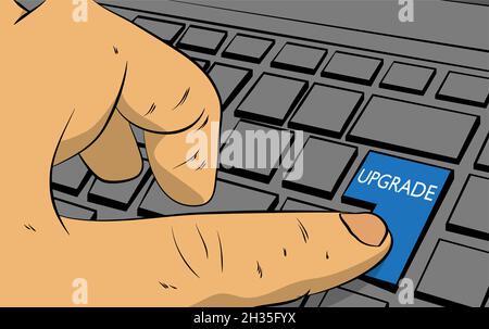 Upgrade word on computer keyboard, upgrading software program concept. Man push keypad on laptop. Comic book style concept. Stock Vector