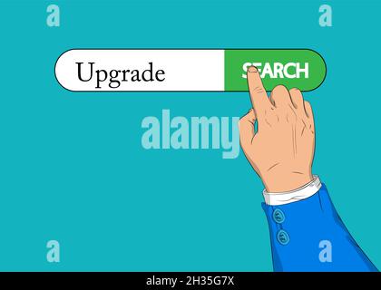 Virtual search bar with Upgrade text, upgrading software program concept. Businessman pushing his right hand index finger to touch a search icon. Stock Vector