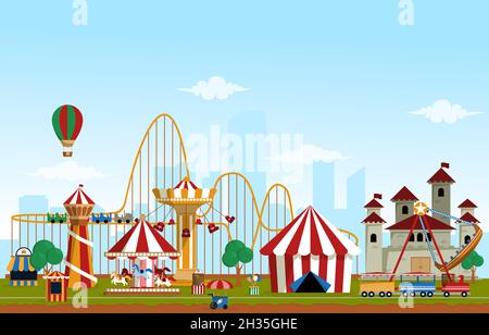 Amusement Park Rides Fun Fair Carnival Flat Vector Illustration Stock Vector