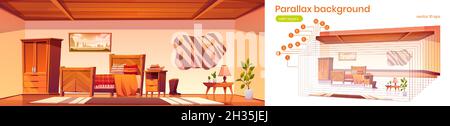 Cowboy bedroom with bed, wardrobe, hat on nightstand and boots. Vector parallax background for 2d animation with cartoon interior of empty room in rural house with wooden furniture Stock Vector