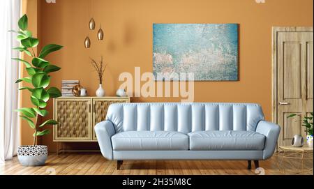 Modern interior of living room with blue leather sofa, wooden door and cabinet, against orange wall, home design 3d rendering Stock Photo