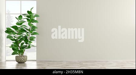 Empty interior background, room with beige wall and parquet floor, vase with green home plant against the window 3d rendering Stock Photo