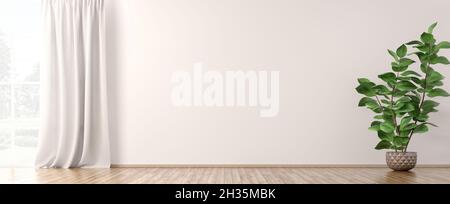 Empty interior background, room with beige wall, vase with home plant and window with curtain 3d rendering Stock Photo