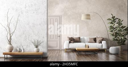 Modern interior of living room with white sofa, coffee table, stucco wall panorama 3d rendering Stock Photo