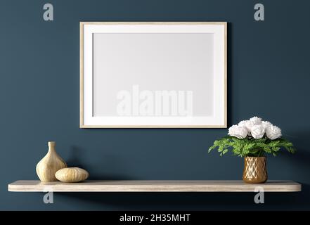 Blank canvas poster above wooden shelf with bouquet of flowers over blue wall, interior decoration background 3d rendering Stock Photo