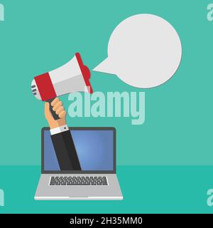 Hand holding a megaphone with speech bubble getting out of the laptop screen Stock Vector