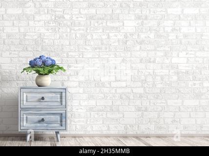 Interior background of living room with blue wooden cabinet and vase with bouquet of roses over white brick wall. Home decor. 3d rendering Stock Photo