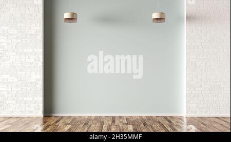 Empty room interior background, light green and white brick wall and lamps 3d rendering Stock Photo