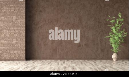 Empty room interior background, brown stucco wall, vase with branch on the beige parquet flooring 3d rendering Stock Photo