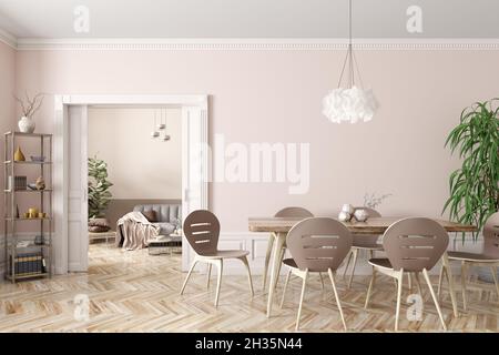 Interior of modern dining room and living room, beige table and chairs against wall with door 3d rendering