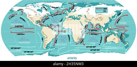 The ocean current world map with names illustration Stock Vector Image ...