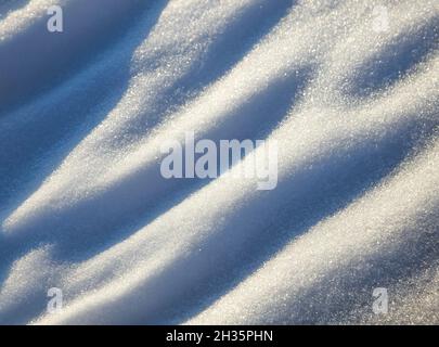 Close up macro photography texture of sparkling fresh white snow with light blue sky reflection tone. Selective focus. Winter christmas background. Stock Photo