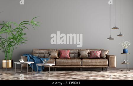 Modern interior design of apartment, living room with brown leather sofa, home 3d rendering Stock Photo