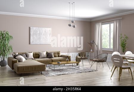 Modern interior design of scandinavian apartment, living room with brown sofa, armchairs, dining area, 3d rendering