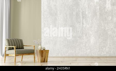 Interior design of living room with green armchair, concrete wall with copy space 3d rendering Stock Photo