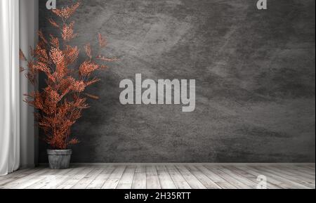 Empty room interior background, black stucco wall, pot with red plant 3d rendering Stock Photo