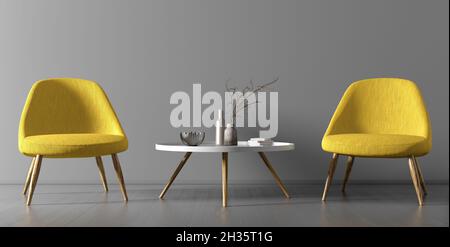 Interior of living room with two yellow armchairs and coffee table over gray wall, home design 3d rendering Stock Photo