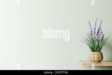 Interior design of living room with wooden shelf.  Wall decor with flower in woven basket plant pot. Green wall with copy space. Modern home decoratio Stock Photo