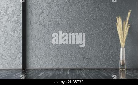Empty room interior background, dark gray stucco wall with copy space and black wooden floor, pot with plant 3d rendering Stock Photo