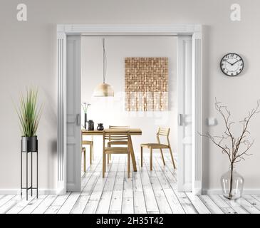 Interior of living room with beige wall and white door to the modern dining room, wooden table and chair, wooden decor on the wall. Contemporary home Stock Photo