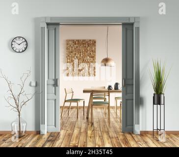 Interior of living room with light green wall and door to the modern dining room, wooden table and chair, wooden decor on the wall. Contemporary home Stock Photo