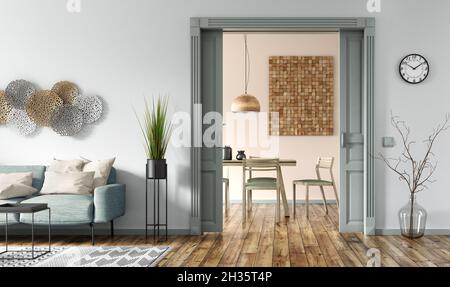 Modern interior design of apartment, living room with sofa, dining room, door. Contemporary home. 3d rendering